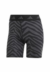 Svarta sportshorts med zebramönster, tillverkade av ett elastiskt material, med en bred svart midjeresår och förstärkta s ömmar.