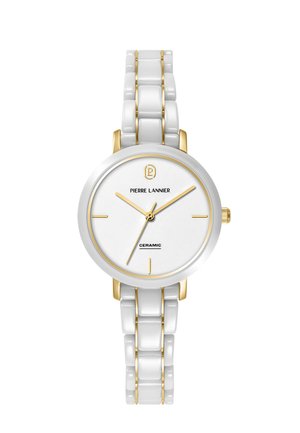 Orologio da polso in ceramica bianca e oro con quadrante rotondo, lancette dorate, indicatori delle ore minimalisti e cinturino a maglie.