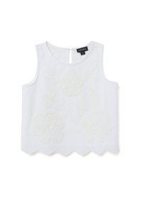 Top senza maniche in cotone bianco con ricami floreali testurizzati, chiusura a chiave sulla schiena e orlo a onda.