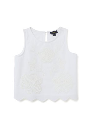 Top senza maniche in cotone bianco con ricami floreali testurizzati, chiusura a chiave sulla schiena e orlo a onda.