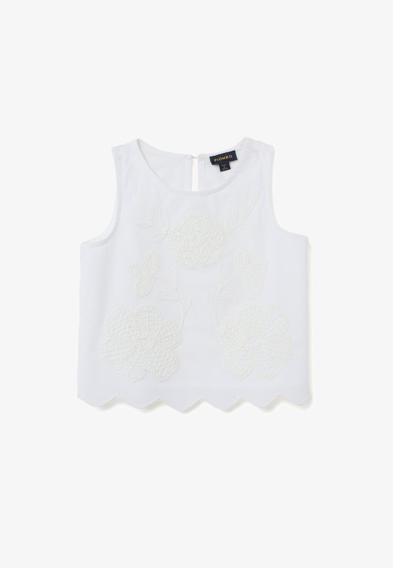 Top senza maniche in cotone bianco con ricami floreali testurizzati, chiusura a chiave sulla schiena e orlo a onda.