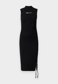 Μαύρο ριμπ φόρεμα έως το γόνατο με ψηλό λαιμό. Διαθέτει πλαϊνές σχισμές και κορδόνια με λογότυπα. Χωρίς μανίκια.