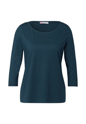 Dunkelblau-grün longsleeve Shirt mit Rundhalsausschnitt. Weicher Stoff mit glatter Textur. Keine sichtbaren Muster oder Akzente. Einfaches Design.