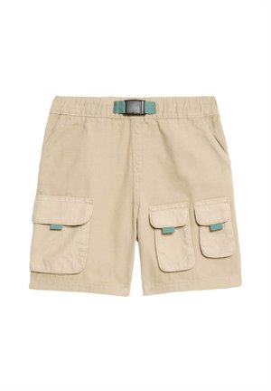 Pantalones cortos de carga beige hechos de algodón, con una cintura elástica, hebilla negra y dos bolsillos frontales con cierres de solapa y acentos en azul verde.