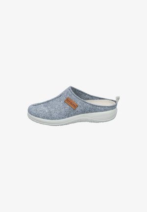 Gray felt slip-on slipper with white sole and small brown label on side, open heel with fabric pull tab.
