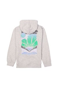 Sudadera gris con un gran estampado gráfico en la espalda. Presenta un diseño en verde y azul con texto que incluye "Verano Eterno" y "Fiesta".