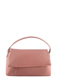 Roze faux leren handtas met een gestructureerde vorm, platte bovenkant en een ritszak aan de voorkant. Voorzien van een enkele handgreep met gouden hardware.