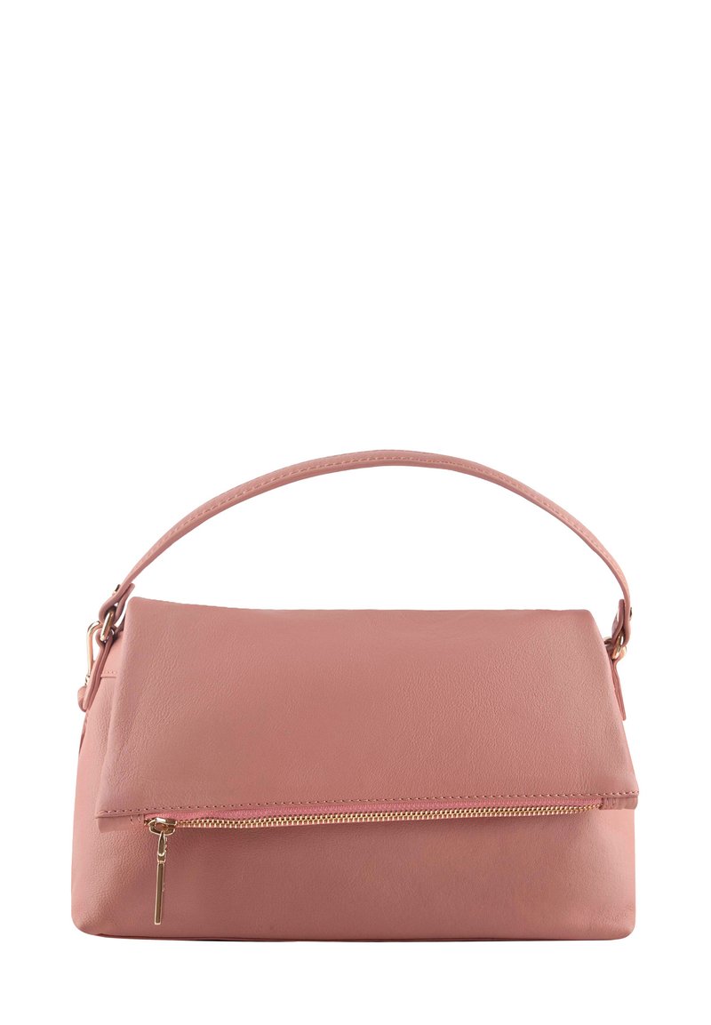 Roze faux leren handtas met een gestructureerde vorm, platte bovenkant en een ritszak aan de voorkant. Voorzien van een enkele handgreep met gouden hardware.