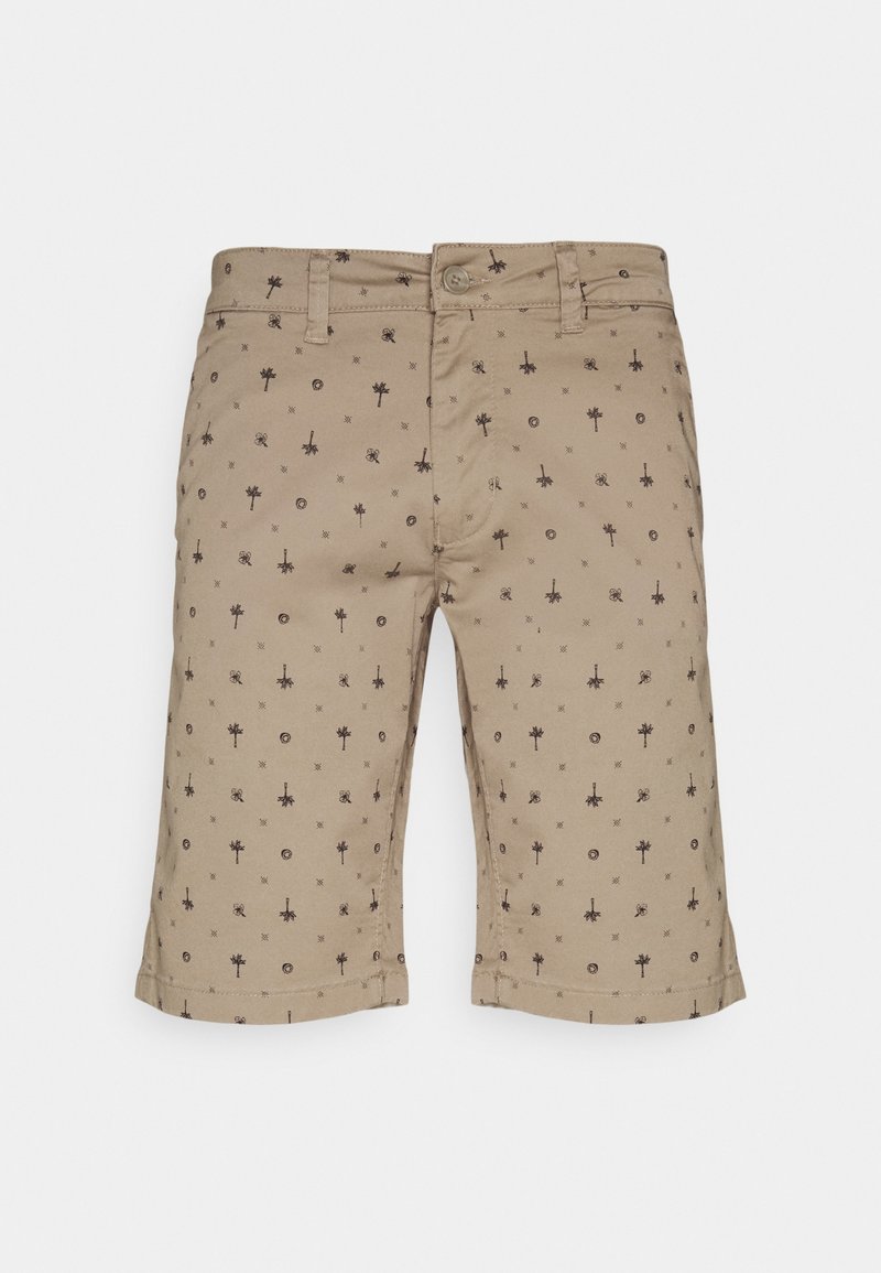 Béžové šortky z bavlny s potiskem malých černých palmových stromů a kulatými motivy. Standardní střih s ohrnutými manžetami.