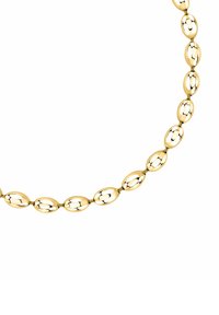 Collana ovale in oro con superficie lucida, caratterizzata da anelli interconnessi riflettenti che creano un design fluido e continuo.