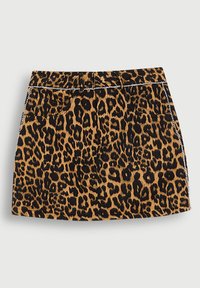 Mini gonna leopard print realizzata in tessuto testurizzato. Presenta due tasche frontali, cuciture nere e una silhouette aderente.