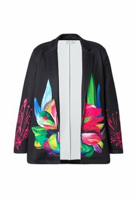 Černý blazer s živým květinovým vzorem v růžové, modré, zelené a červené. Má strukturovaný design a otevřený přední díl. Hladká, texturovaná látka.