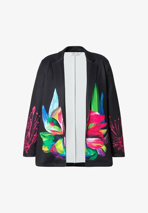 Černý blazer s živým květinovým vzorem v růžové, modré, zelené a červené. Má strukturovaný design a otevřený přední díl. Hladká, texturovaná látka.