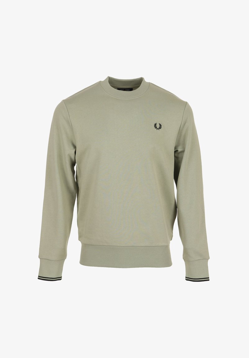 Beige trui met ronde hals, geribbelde boorden en zoom, met een klein zwart lauwerkranslogo op de linkerborst.