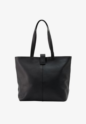 Schwarze Leder-Shopper-Tasche mit zwei langen Griffen und einem zentralen Riemenverschluss, schlichtes Design mit dezenter Naht in der Mitte.