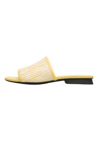 Yellow slip-on sandal with a textured white strap featuring a linear pattern, low black heel, and smooth matte finish.