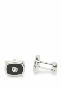 Silver cufflinks med rektangulär inläggning av svart onyx, med en distinkt logotypdesign på den svarta ytan och en polerad finish.