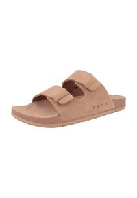 Bruna mockaskinns-slide-sandaler med två justerbara Velcro-remmar, platt gummisula och präglad "REEF"-logotyp på sidan.