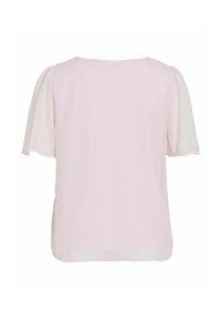 Vaaleanpunainen lyhythihainen pusero pyöreällä pääntiellä ja hieman liehuvilla hihoilla, esitetty takaa valkoisella taustalla.