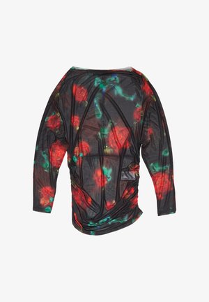 Top de manga larga de malla negra con un patrón floral en rojo y verde, de corte relajado y detalle fruncido en la cintura.