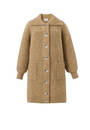 Beige wollen blend jas met een kraag, lange mouwen, knopen aan de voorkant en twee opgestikte zakken. Gelaagd stoffen met een zachte, warme uitstraling.