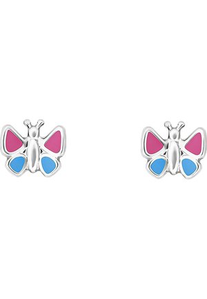 Boucles d'oreilles en argent en forme de papillon avec des accents en émail rose et bleu. Elles présentent des ailes détaillées et une finition polie.
