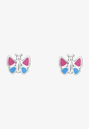 Boucles d'oreilles en argent en forme de papillon avec des accents en émail rose et bleu. Elles présentent des ailes détaillées et une finition polie.