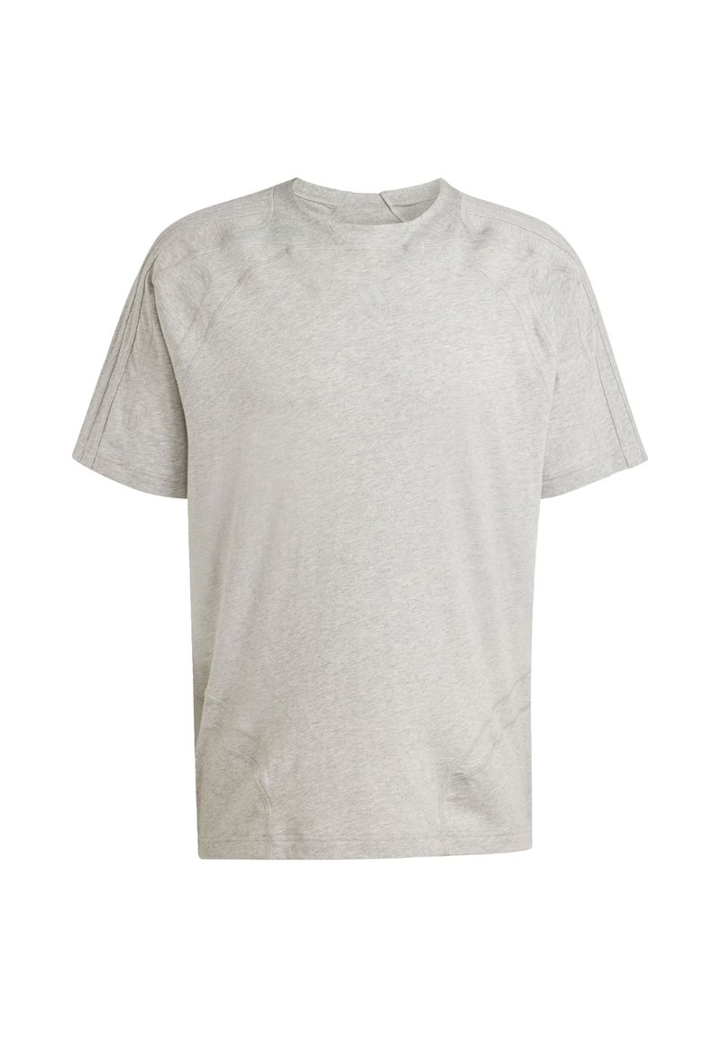 Light gray short-sleeve t-shirt with a crew neckline, made of soft fabric, featuring subtle shoulder detailing and no visible patterns or graphics.
