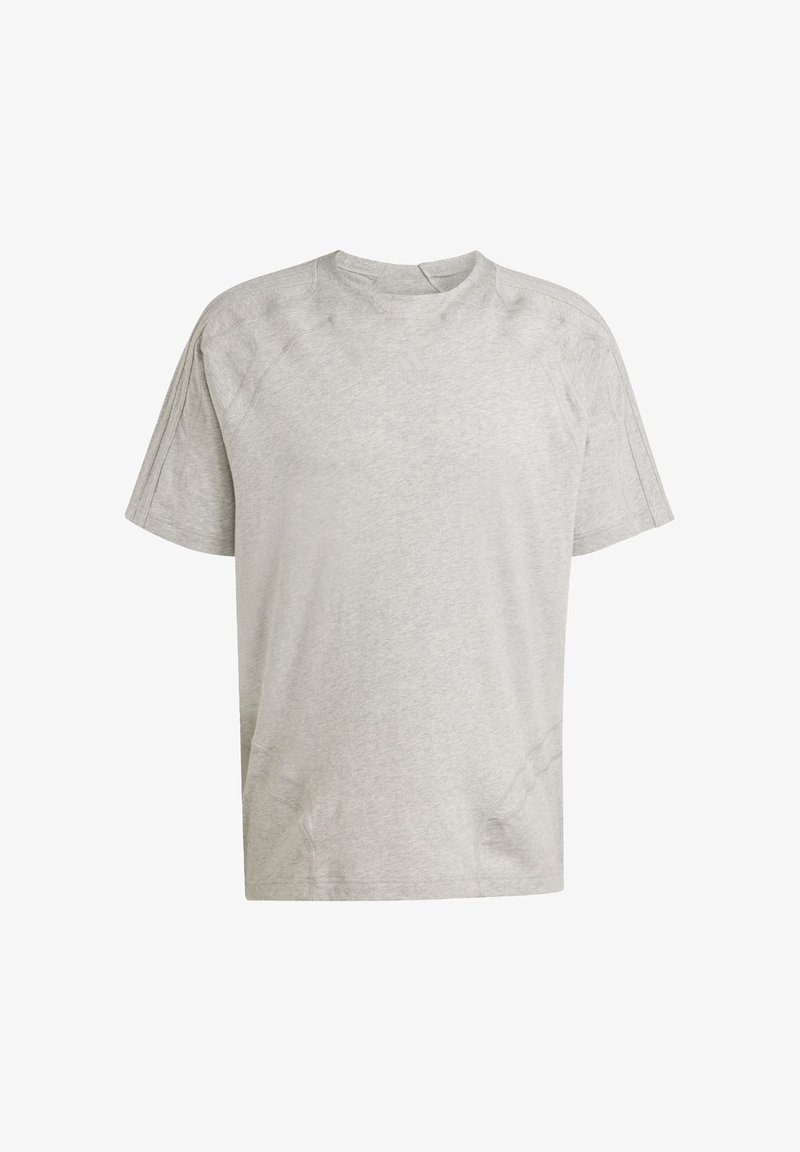 Light gray short-sleeve t-shirt with a crew neckline, made of soft fabric, featuring subtle shoulder detailing and no visible patterns or graphics.
