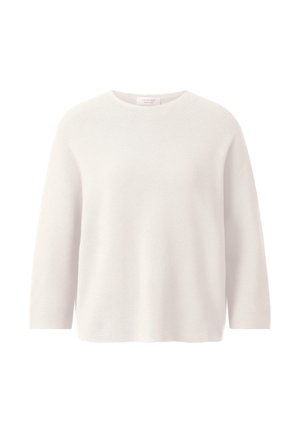 Witte trui met lange mouwen, ronde hals en ontspannen pasvorm, weergegeven op een effen witte achtergrond.