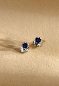 Zilveren stud oorbellen met ronde blauwe stenen en een bloemmotief, verfraaid met kleine heldere stenen, tegen een beige achtergrond.