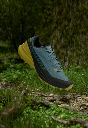 Blauer und gelber Dynafit-Trailrunning-Schuh, der über einem bewaldeten Boden mit Gras, Steinen und Moos schwebt.