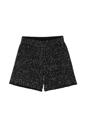 Pantaloni shorts neri realizzati in tessuto testurizzato con accenti di glitter argento, dotati di una vita elastica e una silhouette rilassata.