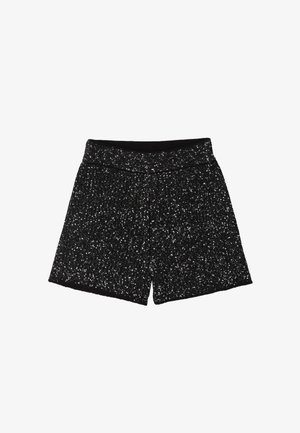 Pantaloni shorts neri realizzati in tessuto testurizzato con accenti di glitter argento, dotati di una vita elastica e una silhouette rilassata.