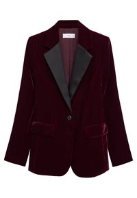 Bordeaux fluwelen blazer met zwarte satijnen revers, sluiting met één knoop en twee zakken aan de voorkant. Lange mouwen met een getailleerde pasvorm.