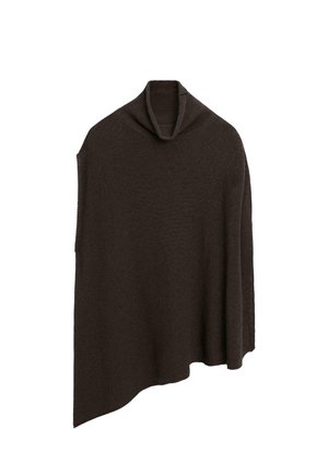 Asymmetrisches, dunkelbraunes Strickponcho mit lockerem Rollkragen und einem spitz zulaufenden Saum.