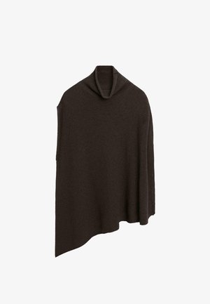 Asymmetrische donkerbruine gebreide poncho met een losse col en één puntige zoom.