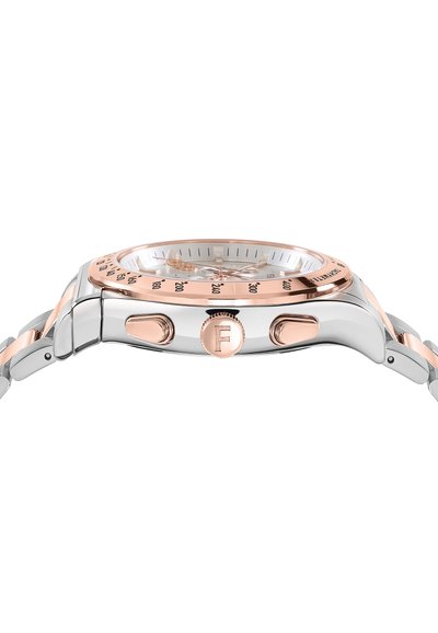 Orologio in acciaio inossidabile con accenti in oro rosa, quadrante bianco, bracciale in acciaio e cassa rotonda. Caratterizzato da due pulsanti e un prominente logo 'F'.