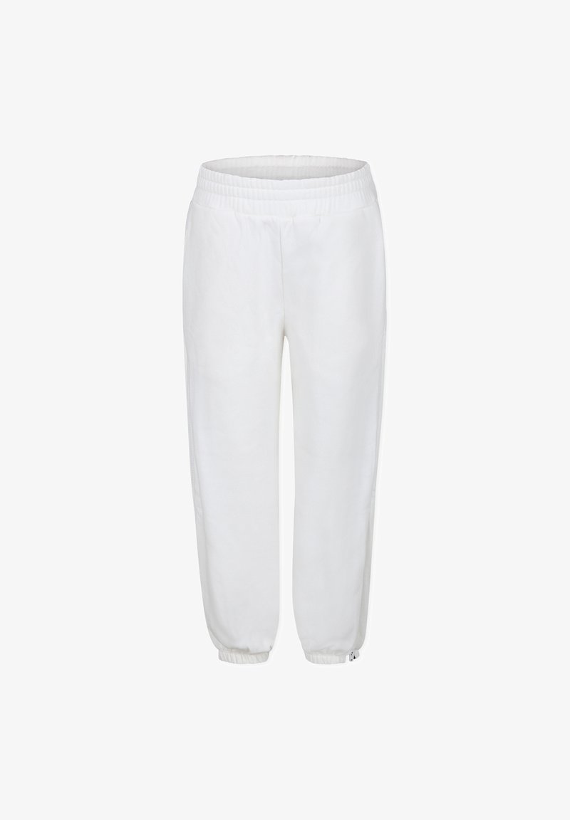 Pantaloni della tuta bianchi con vita e polsini elasticizzati; texture liscia e vestibilità ampia; design minimalista senza motivi o accenti visibili.
