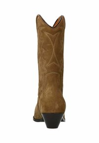 Brown suede cowboy boots with a pointed toe and a low stacked heel, featuring decorative stitching and a scalloped top edge.