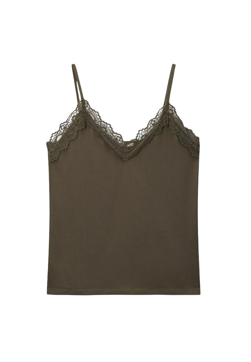 Débardeur vert olive avec bretelles spaghetti ajustables, doté d'une bordure en dentelle le long du col en V et d'une texture de tissu lisse.