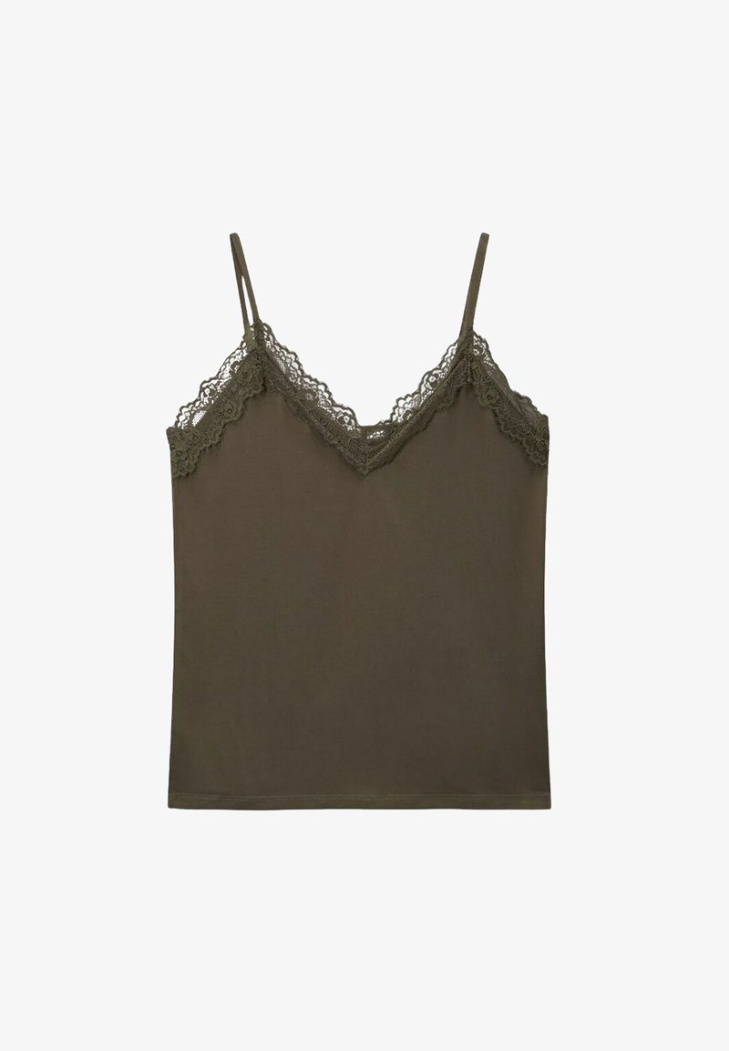 Débardeur vert olive avec bretelles spaghetti ajustables, doté d'une bordure en dentelle le long du col en V et d'une texture de tissu lisse.
