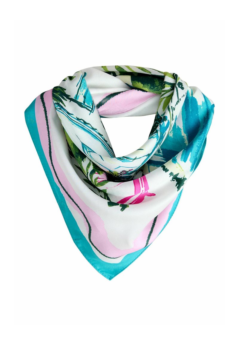 Zijden sjaal met een bloemmotief in blauw, groen, roze en wit. Randen zijn teal van kleur, met een gladde, glanzende textuur. Driehoekige vorm.