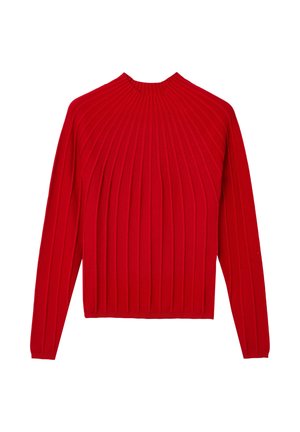 Pull en ribbed rouge avec un col montant et des manches longues. Présente des plis verticaux et un ourlet ajusté. Fabriqué en maille douce.