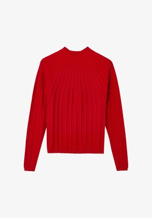 Maglione rosso a coste con collo alto e maniche lunghe. Presenta delle pieghe verticali e un orlo aderente. Realizzato in morbido materiale di maglia.