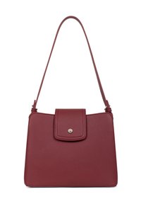 Borsa bordeaux texturizzata con una sottile tracolla, forma rettangolare, chiusura a ribalta e una decorazione a bottone metallico sulla parte anteriore.