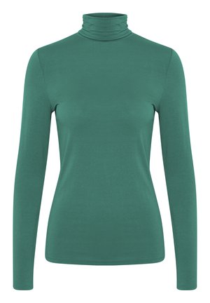 Zaļš garām piedurknēm turtlenecks tops, kas izgatavots no mīksta, gluda materiāla. Iespējas ietilpst pieguloša dizaina un augsta kakla. Nav redzamu rakstu vai akcentu.