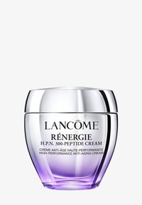 Crema Lancôme Rénérgie H.P.N. 300-Péptidos, frasco de vidrio, tapa plateada, base degradada en púrpura, texto en relieve y superficie lisa.