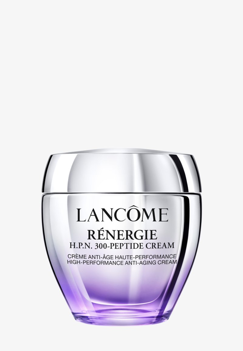 Crema Lancôme Rénérgie H.P.N. 300-Péptidos, frasco de vidrio, tapa plateada, base degradada en púrpura, texto en relieve y superficie lisa.