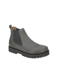 Stivale Chelsea grigio in pelle con pannelli elasticizzati laterali, punta arrotondata e suola in gomma strutturata. Presenta un anello di trazione per una facile calzata.